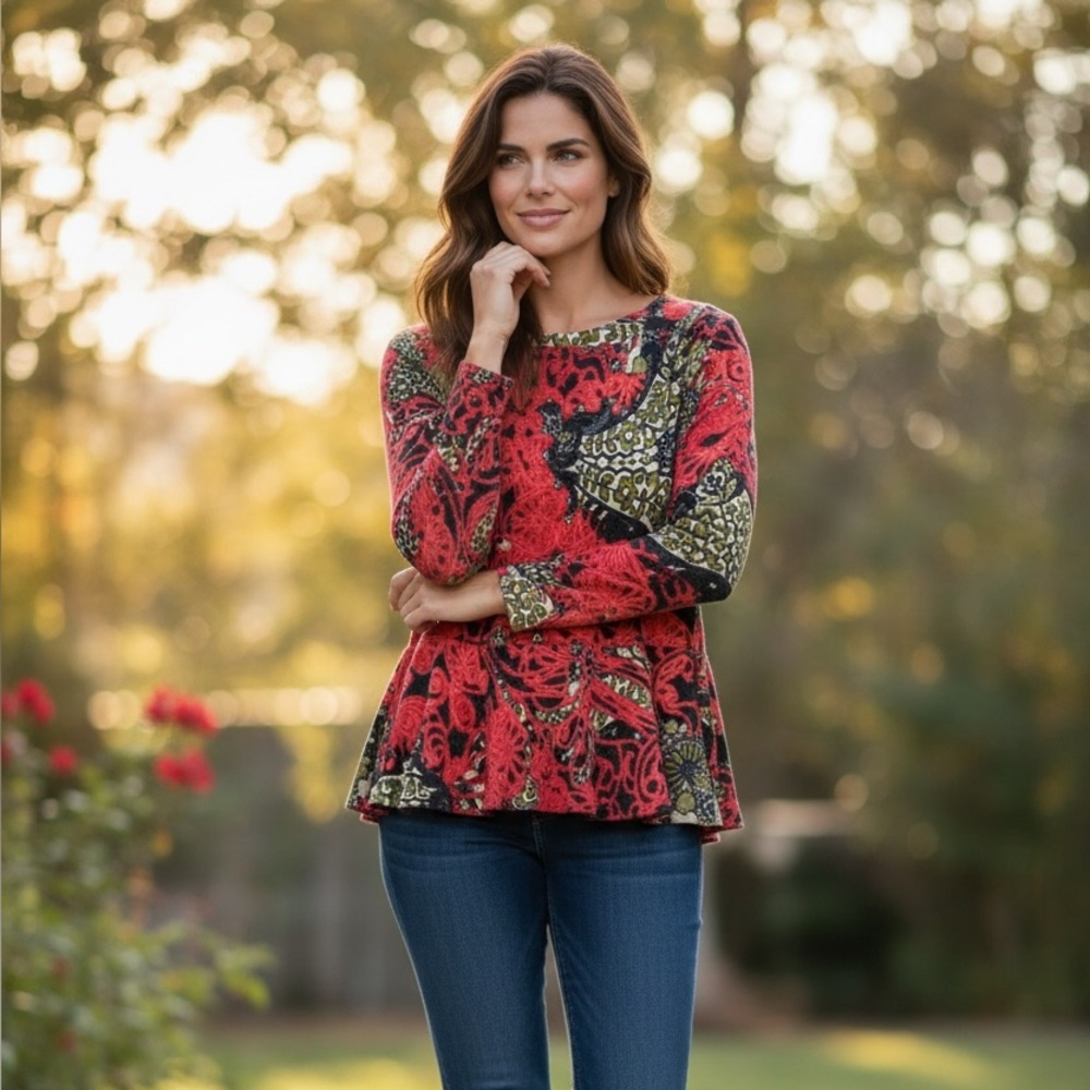 Nally & Millie Red and Black Paisley Long Sleeve Top 992